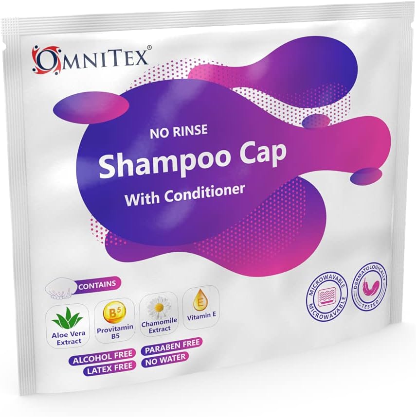 Omnitex Premium Rinse Free Shampoo Cap - Microwaveable | With Conditioner & Vitamins | Nourish & Protect with Herbal Extracts & Barrier Cream | No Water, No Parabens, Latex Free, Alcohol Free