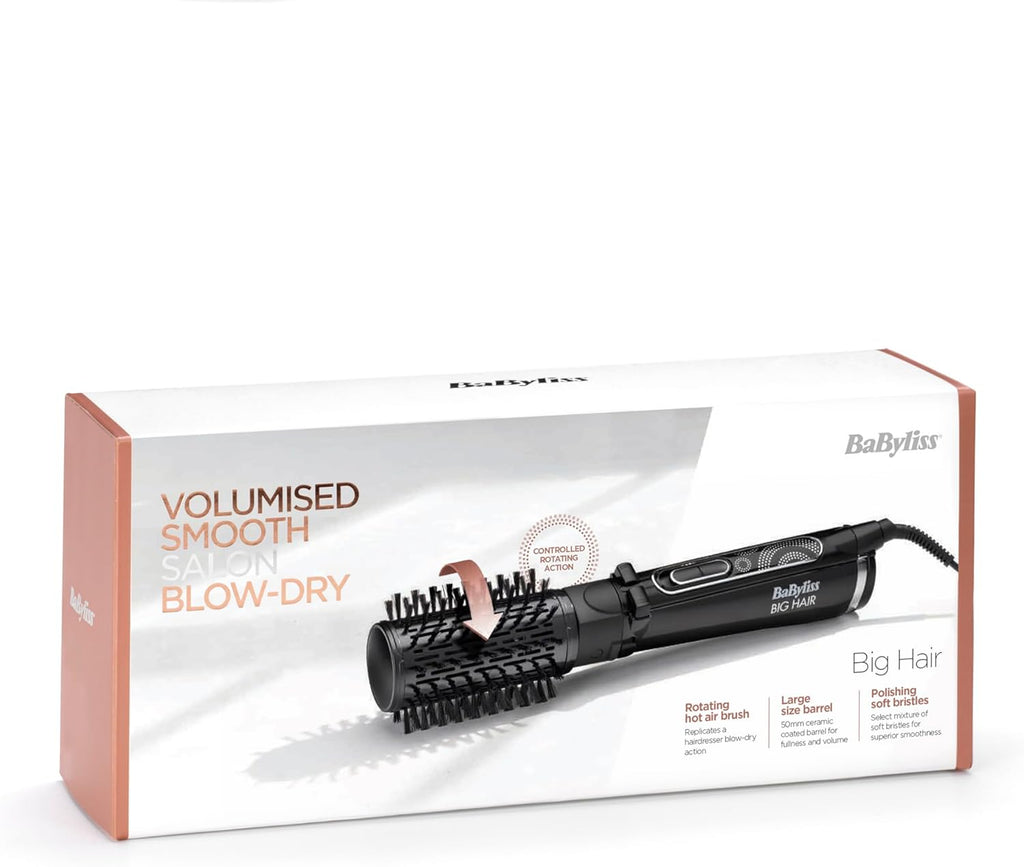 BaByliss Big Hair Rotating Hair Dryer Brush - Dry and Style in One Step 50mm Barrel, Black, 2885U