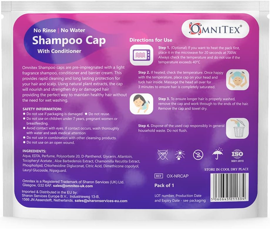 Omnitex Premium Rinse Free Shampoo Cap - Microwaveable | With Conditioner & Vitamins | Nourish & Protect with Herbal Extracts & Barrier Cream | No Water, No Parabens, Latex Free, Alcohol Free