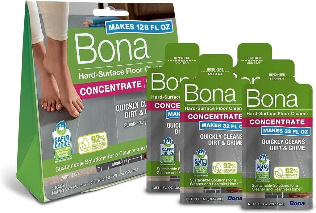 Bona Hard-Surface Floor Cleaner Liquid, for Stone, Tile, Laminate & LVT Floors, 60ml Concentrate Refill Pouch, 4 Count (Pack of 4x60ml)