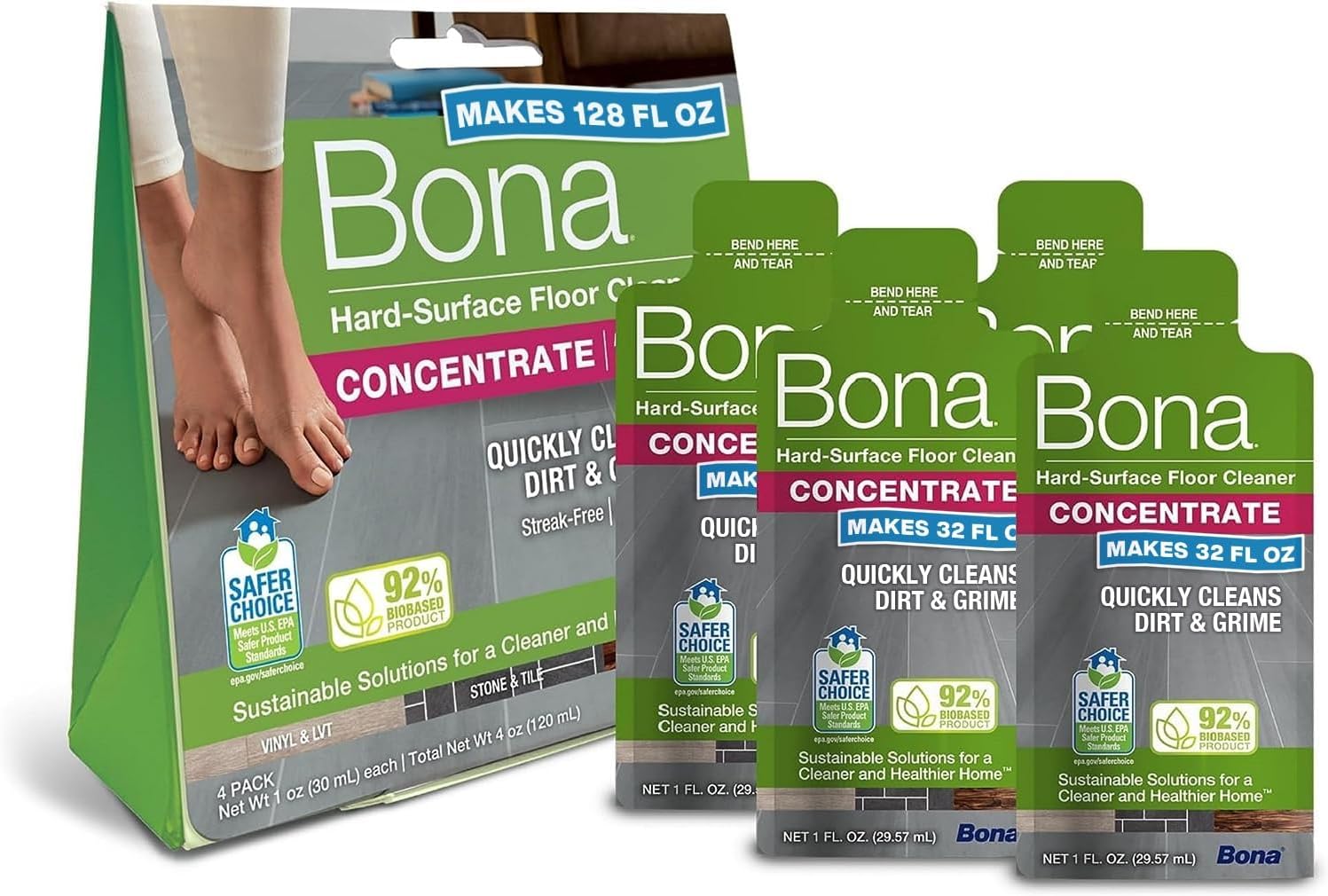 Bona Hard-Surface Floor Cleaner Liquid, for Stone, Tile, Laminate & LVT Floors, 60ml Concentrate Refill Pouch, 4 Count (Pack of 4x60ml)