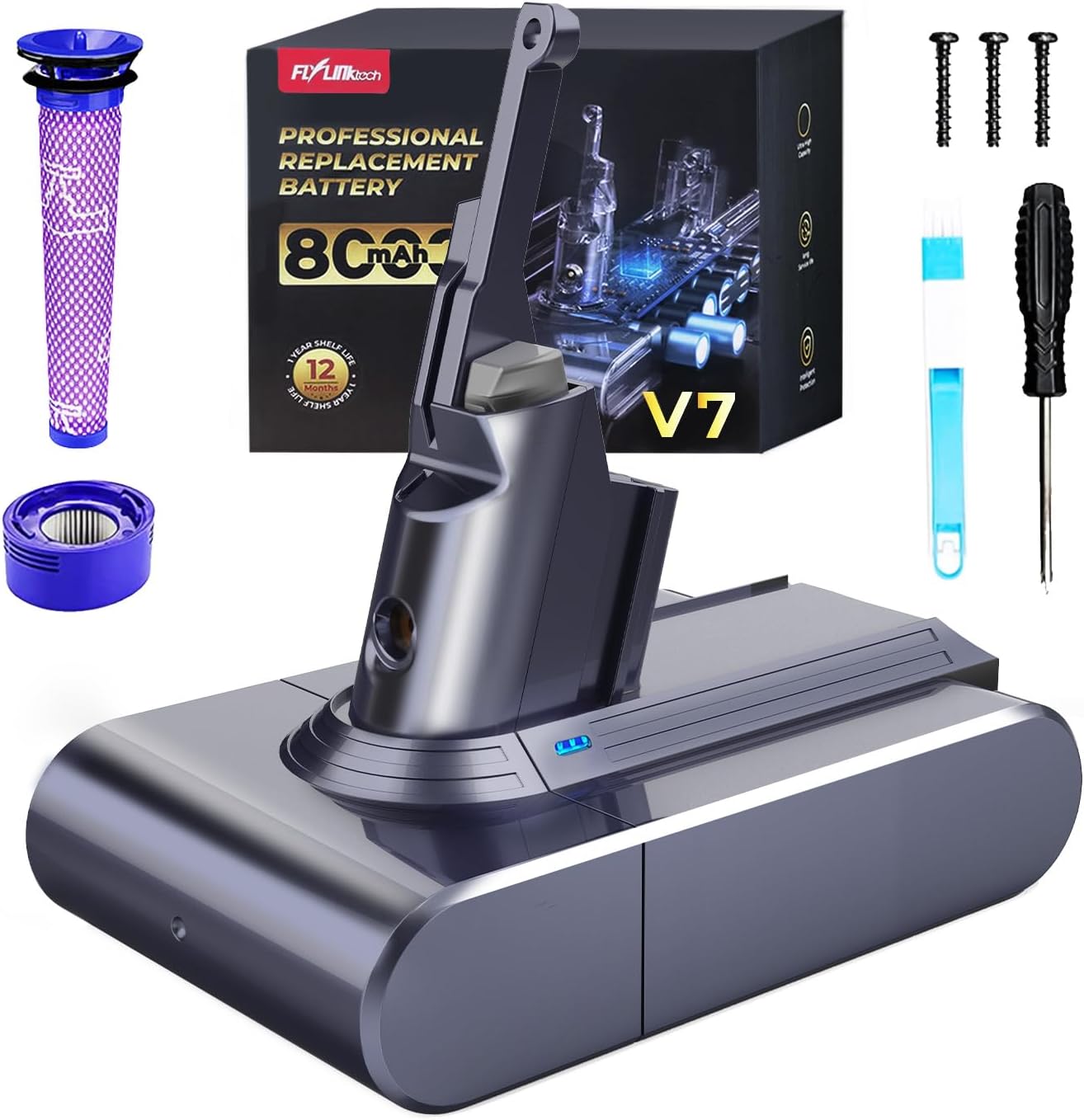 8000mAh Dyson V7 Battery Replacement, FLYLINKTECH Li-ion Battery for Dyson V7 SV11 Compatible with Animal Fluffy Trigger Motorhead and Total Series Vacuum Cleaner with 2 Filters