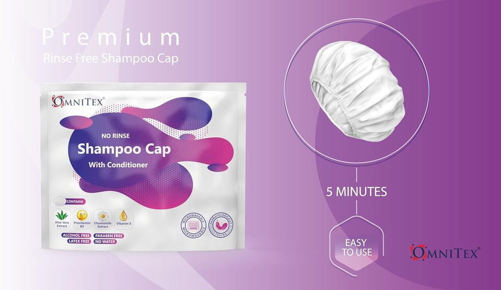 Omnitex Premium Rinse Free Shampoo Cap - Microwaveable | With Conditioner & Vitamins | Nourish & Protect with Herbal Extracts & Barrier Cream | No Water, No Parabens, Latex Free, Alcohol Free