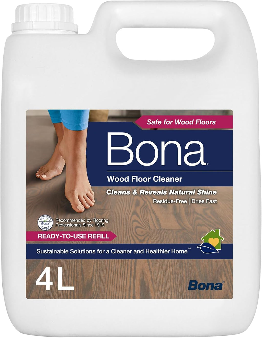 Bona Wood Floor Cleaner Liquid, Residue Free, Streak Free, Suitable for Hardwood, Solid Wood, and Engineered Wood Floors, 4 Litre