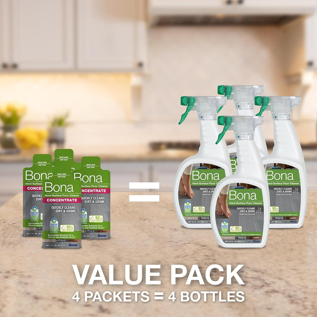 Bona Hard-Surface Floor Cleaner Liquid, for Stone, Tile, Laminate & LVT Floors, 60ml Concentrate Refill Pouch, 4 Count (Pack of 4x60ml)