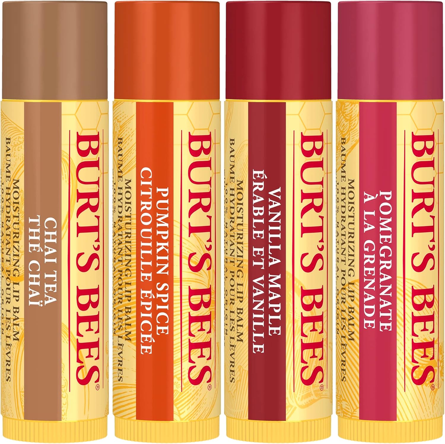 Burt’s Bees Lip Balm Gift Set, Chai Tea, Pumpkin Spice, Vanilla Maple, Pomegranate, Lip Balm Multipack, 4x4.25g, Packaging May Vary