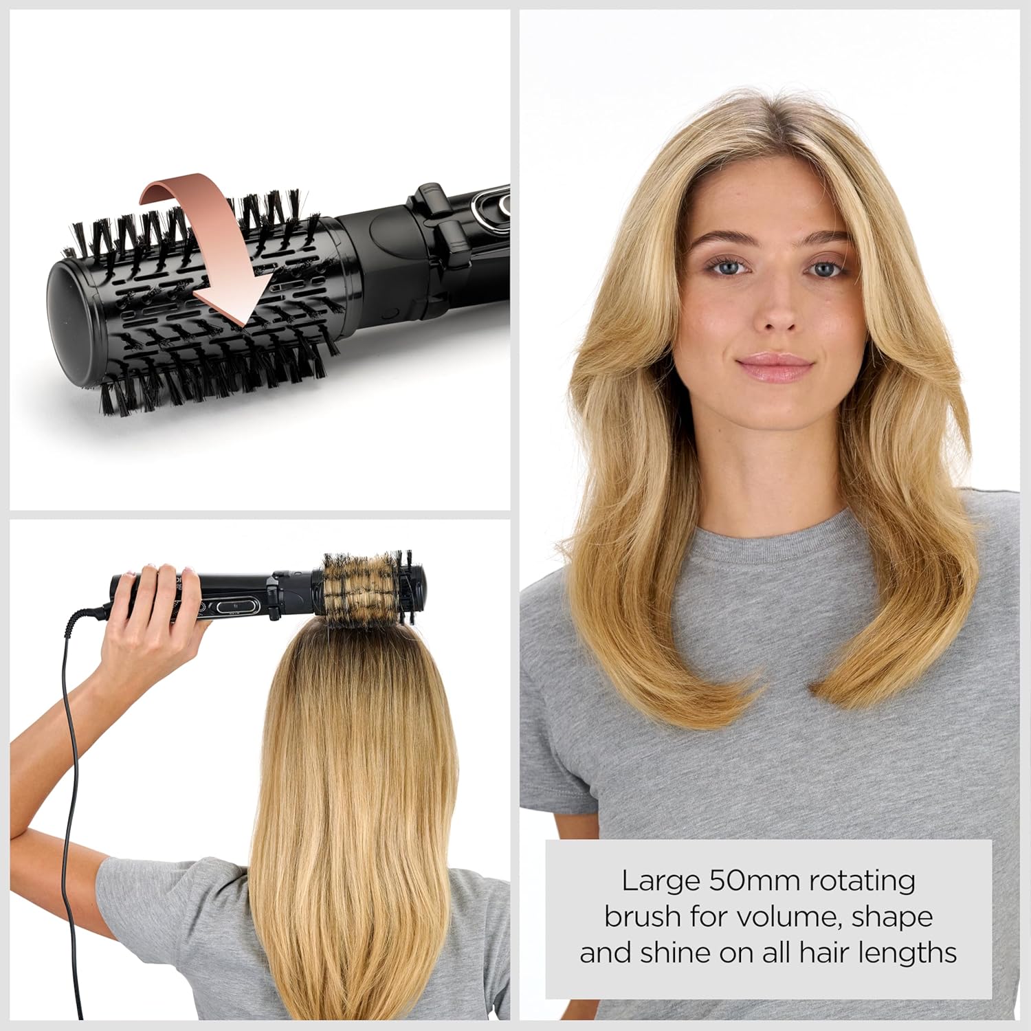 BaByliss Big Hair Rotating Hair Dryer Brush - Dry and Style in One Step 50mm Barrel, Black, 2885U